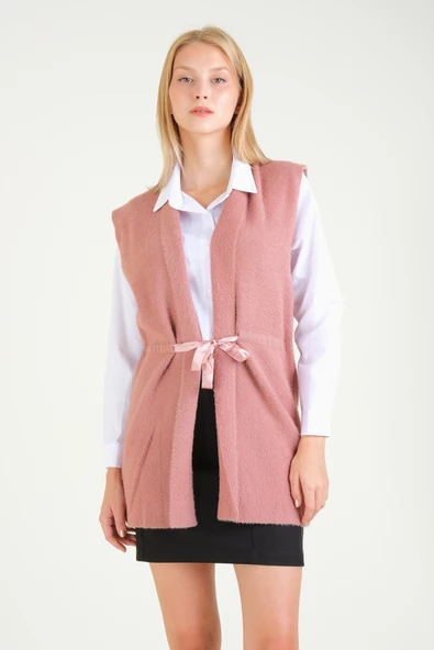 Kadın Bel Kurdela Ayarlamalı Tüylü Yelek Gül - 4