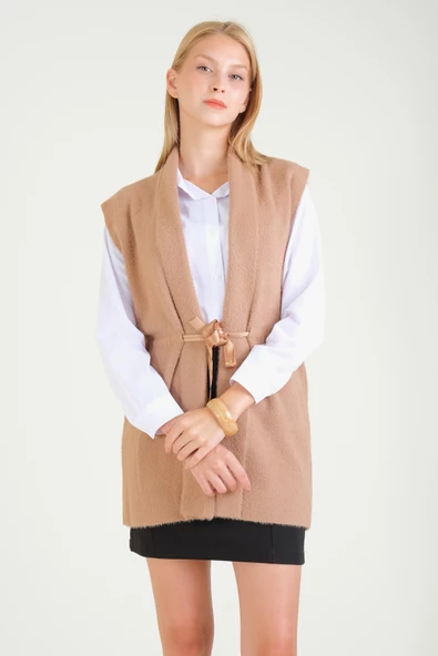 Kadın Bel Kurdela Ayarlamalı Tüylü Yelek Camel - 2