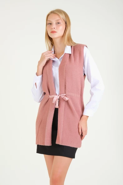 Kadın Bel Kurdela Ayarlamalı Tüylü Yelek Gül - 2