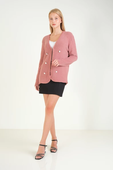 Kadın Biyeli Dekoratif Dümeli Tüylü Hırka Gül - 4