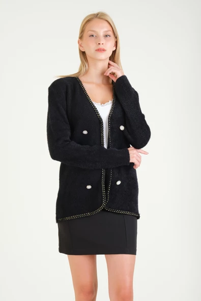 Kadın Biyeli Dekoratif Dümeli Tüylü Hırka Siyah - 3