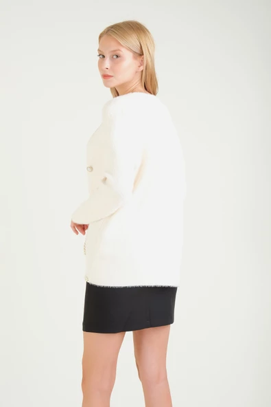 Kadın Biyeli Dekoratif Dümeli Tüylü Hırka Ekru - 6