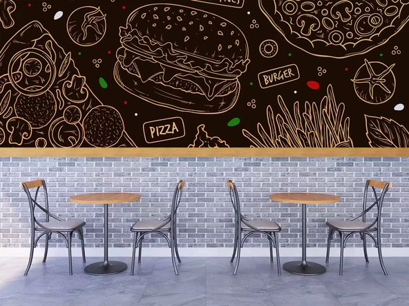 Hamburger Temalı Cafe Duvar Kağıdı Baskı - Resim 3
