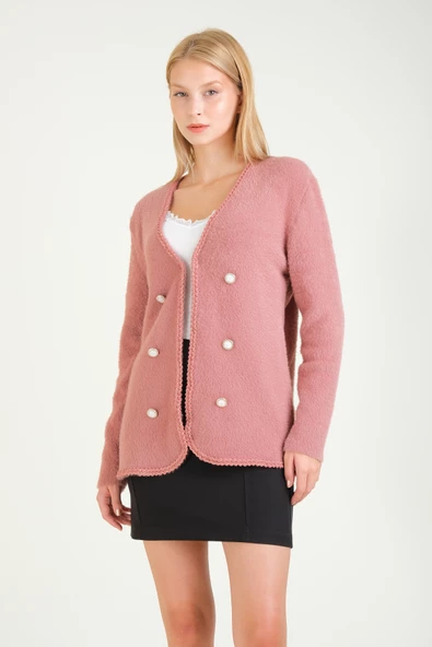 Kadın Biyeli Dekoratif Dümeli Tüylü Hırka Gül - 3