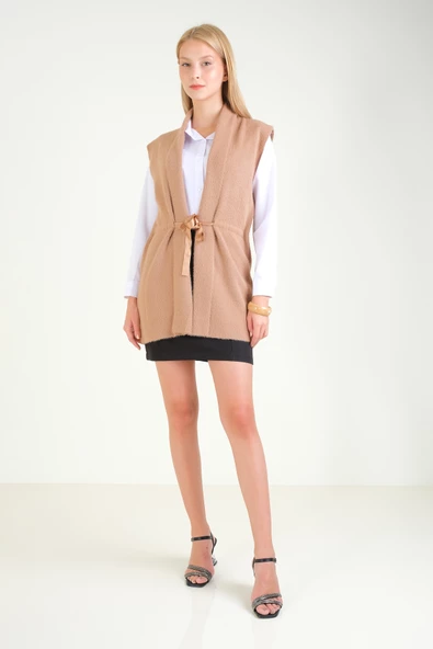 Kadın Bel Kurdela Ayarlamalı Tüylü Yelek Camel - 5