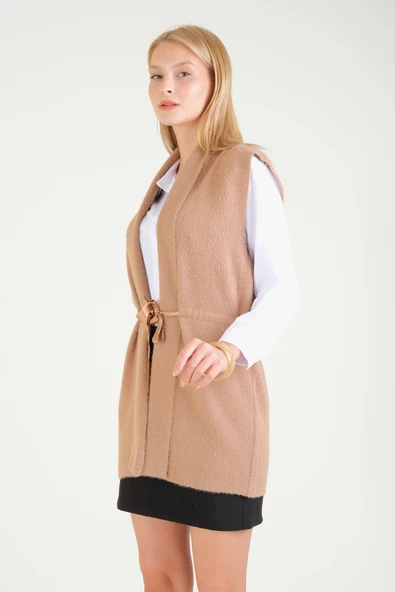 Kadın Bel Kurdela Ayarlamalı Tüylü Yelek Camel - 3