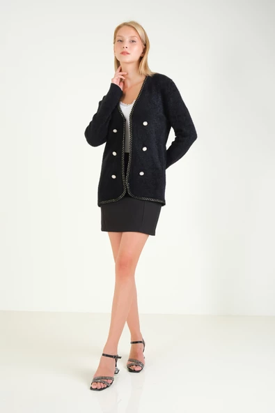 Kadın Biyeli Dekoratif Dümeli Tüylü Hırka Siyah