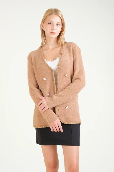 Kadın Biyeli Dekoratif Dümeli Tüylü Hırka Camel - 2