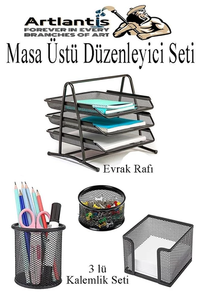 Masa Üstü Siyah Fileli Kalemlik ve 3 Katlı Evrak Rafı 4 Parça 1 Paket 4 lü Masa Üstü Düzenleyici Kalemlik Küp Notluk Ataşlık