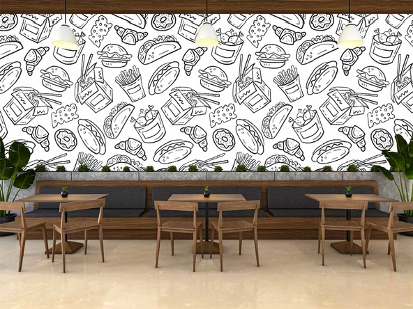 Fast-Food Desenli Cafe Duvar Kağıdı Baskı - 4