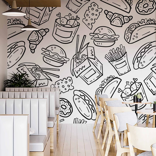 Fast-Food Desenli Cafe Duvar Kağıdı Baskı - 2