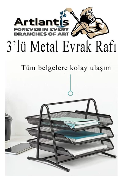 Masa Üstü Siyah Fileli Kalemlik Çöp Kovası ve 3 Katlı Evrak Rafı 5 Parça 1 Paket 5 li Masa Üstü Düzenleyici Kalemlik Küp Notluk Ataşlık - 3