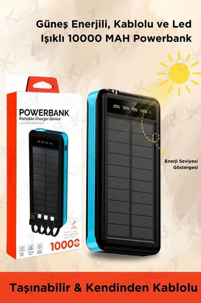 Bakeey Güneş Enerjili Led Işıklı 10.000 Mah Powerbank Şarj Aleti 2 Usb Çıkışlı Mikro Typc Lıghtnıng