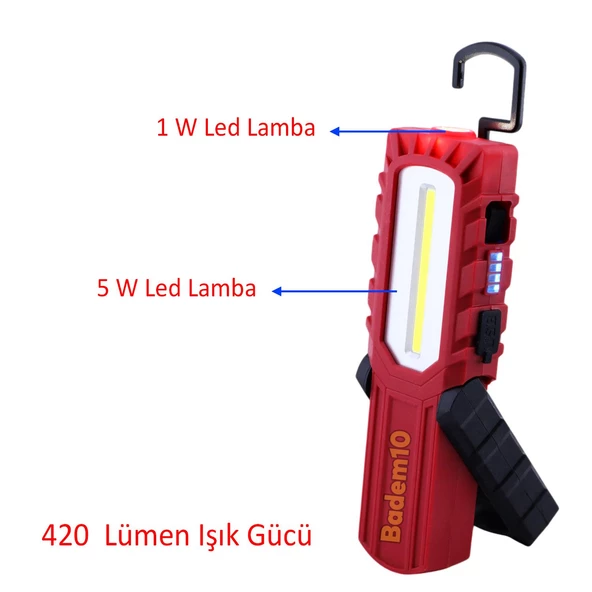 Mıknatıslı İş Lambası Led El Feneri Askılı Işıldak Kamp Lambası 5+1 W Şarjlı Gece Lambası 4400 mAh - 5