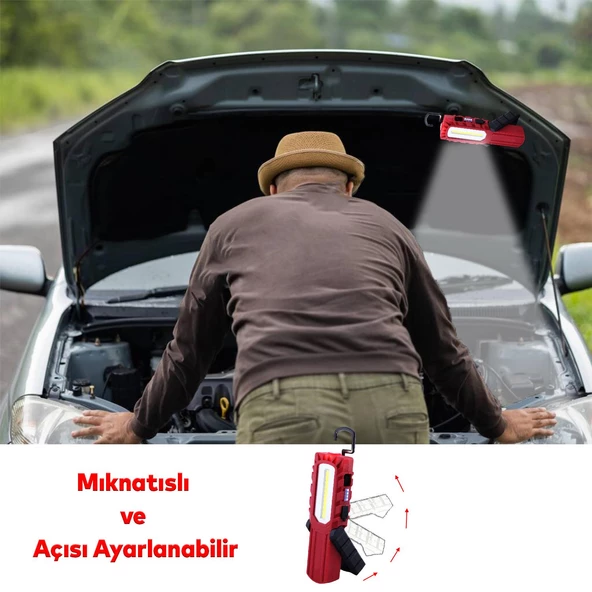 Mıknatıslı İş Lambası Led El Feneri Askılı Işıldak Kamp Lambası 5+1 W Şarjlı Gece Lambası 4400 mAh - 4