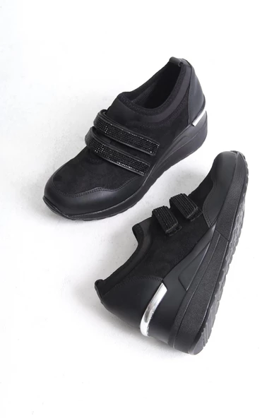 Stonestar Cırt Cırtlı Siyah Taşlı Sneaker Dolgu Topuklu Spor Ayakkabı - 2