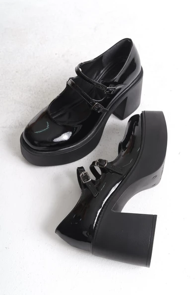 Ciza Siyah Rugan Mary Jane Yüksek Platform Topuklu Çift Bantlı Ayakkabı - 2