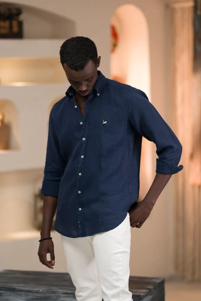 Dorss Slimfit %100 Linen (Ham Keten) Uzun Kol Yaka Düğmeli Yazlık Gömlek - 9