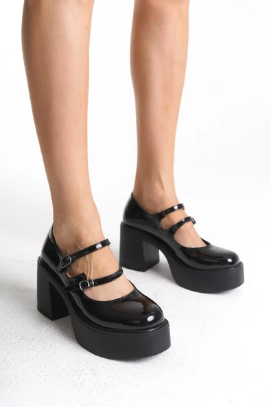Ciza Siyah Rugan Mary Jane Yüksek Platform Topuklu Çift Bantlı Ayakkabı - 3
