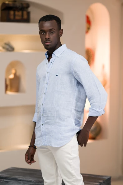 Dorss Slimfit %100 Linen (Ham Keten) Uzun Kol Yaka Düğmeli Yazlık Gömlek - 3