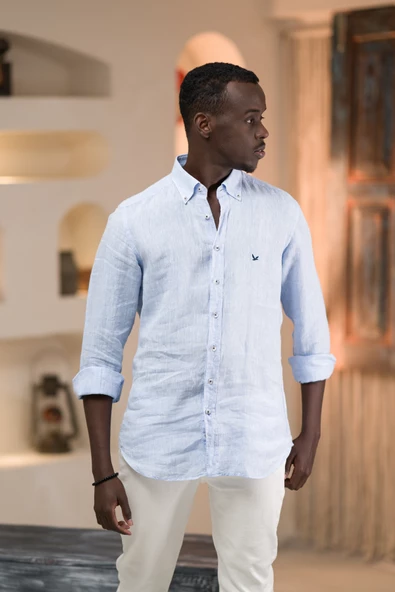 Dorss Slimfit %100 Linen (Ham Keten) Uzun Kol Yaka Düğmeli Yazlık Gömlek - 2