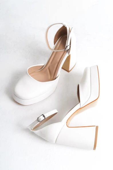 Bisse Gelin Nikah Düğün Ayakkabısı Beyaz Mat Deri Yüksek Platform Topuklu Kapalı Burun Topuklu Ayakkabı - Resim 2