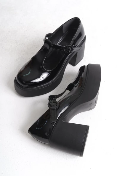 Redjane Siyah Rugan Retro Mary Jane Kemerli Yüksek Platform Topuklu Ayakkabı - 2