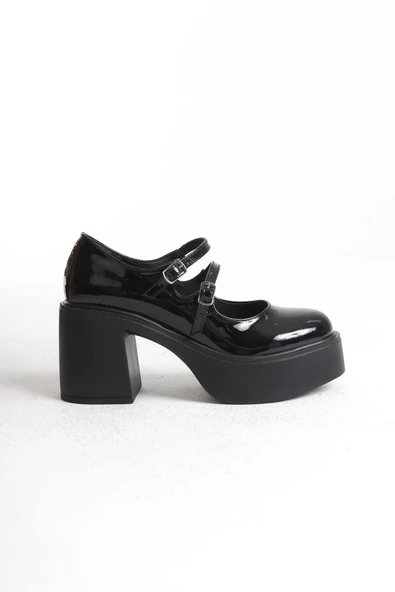 Ciza Siyah Rugan Mary Jane Yüksek Platform Topuklu Çift Bantlı Ayakkabı - 4