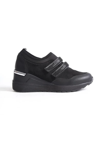 Stonestar Cırt Cırtlı Siyah Taşlı Sneaker Dolgu Topuklu Spor Ayakkabı - 4