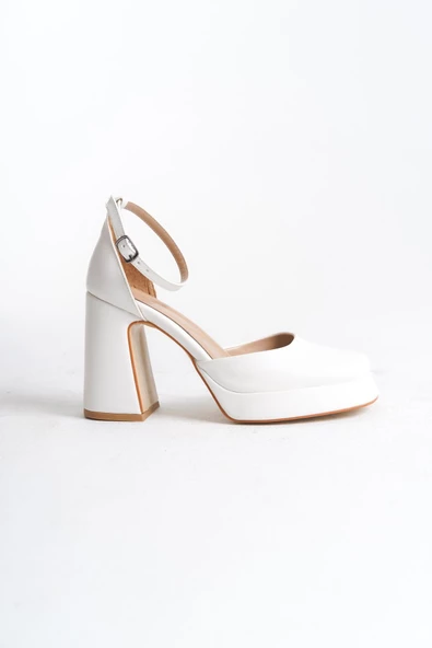 Bisse Gelin Nikah Düğün Ayakkabısı Beyaz Mat Deri Yüksek Platform Topuklu Kapalı Burun Topuklu Ayakkabı - Resim 4