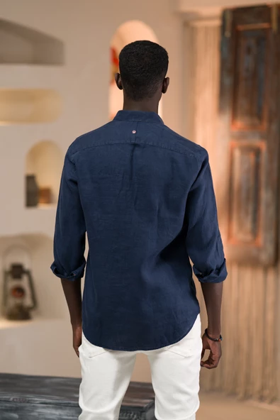 Dorss Slimfit %100 Linen (Ham Keten) Uzun Kol Yaka Düğmeli Yazlık Gömlek - 11