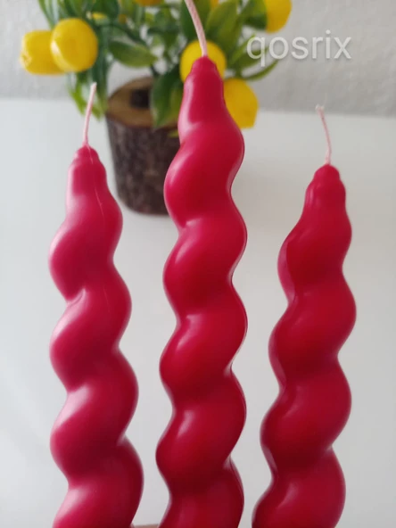 qosrix 3'lü Kırmızı Italyan Burgulu Şamdan Soya Mumu Doğal Kokulu Uzun Çubuk Konik Burgu Spiral Mum Dekoratif - Resim 3