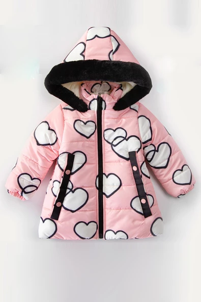 YENİ Sevimli Kalp Baskılı Kürklü Cepli Kapüşonlu Soft Kumaş Kışlık İçi Peluş Kız Bebek Mont Şişme - 2