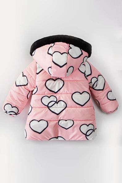 YENİ Sevimli Kalp Baskılı Kürklü Cepli Kapüşonlu Soft Kumaş Kışlık İçi Peluş Kız Bebek Mont Şişme - 9