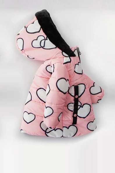 YENİ Sevimli Kalp Baskılı Kürklü Cepli Kapüşonlu Soft Kumaş Kışlık İçi Peluş Kız Bebek Mont Şişme - 7