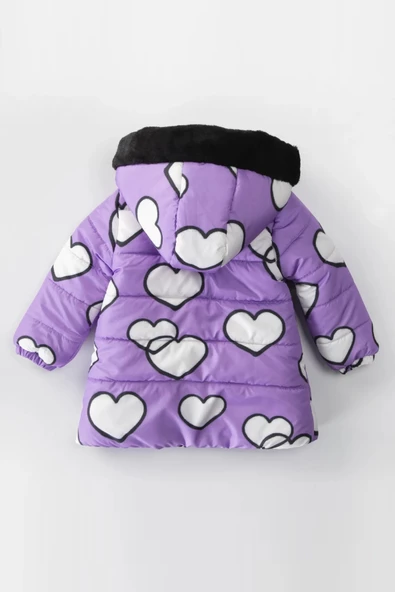 YENİ Sevimli Kalp Baskılı Kürklü Cepli Kapüşonlu Soft Kumaş Kışlık İçi Peluş Kız Bebek Mont Şişme - 4