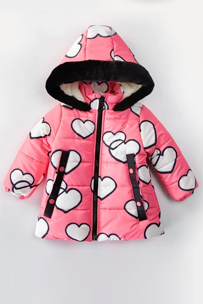 YENİ Sevimli Kalp Baskılı Kürklü Cepli Kapüşonlu Soft Kumaş Kışlık İçi Peluş Kız Bebek Mont Şişme - 3