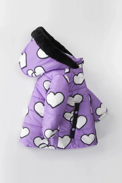 YENİ Sevimli Kalp Baskılı Kürklü Cepli Kapüşonlu Soft Kumaş Kışlık İçi Peluş Kız Bebek Mont Şişme - 5