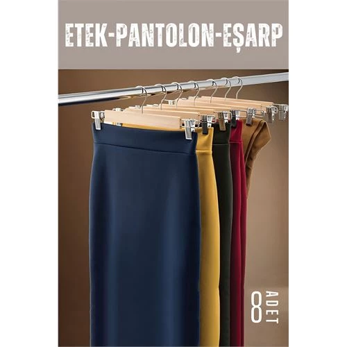 ModaCar Etek Pantolon Eşarp Kıskaçlı Askı 8 Adet Ahşap