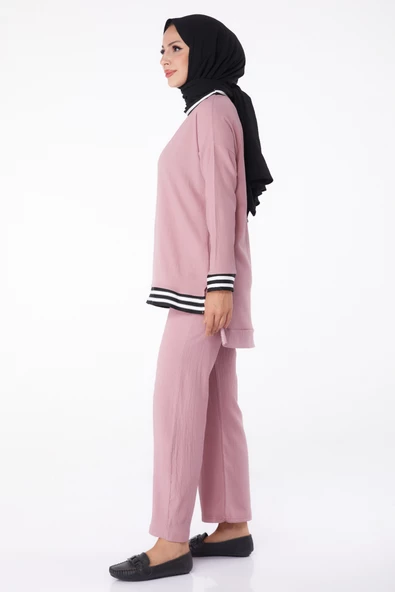 Düz Bisiklet Yaka Kadın Pembe Tunik Pantolon - 11321 - 4
