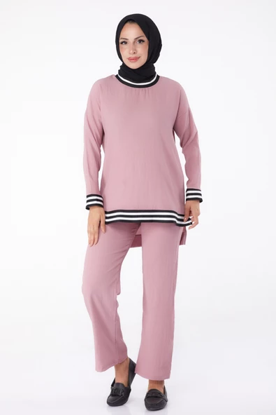 Düz Bisiklet Yaka Kadın Pembe Tunik Pantolon - 11321