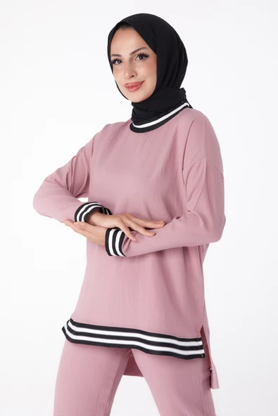 Düz Bisiklet Yaka Kadın Pembe Tunik Pantolon - 11321 - 3