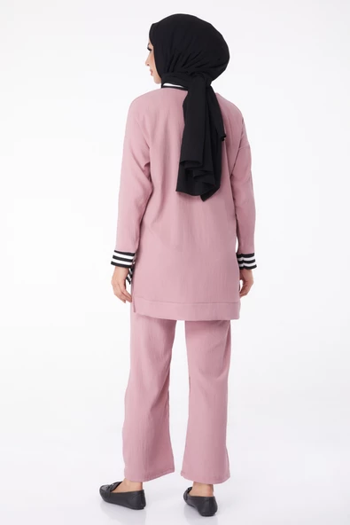 Düz Bisiklet Yaka Kadın Pembe Tunik Pantolon - 11321 - 5