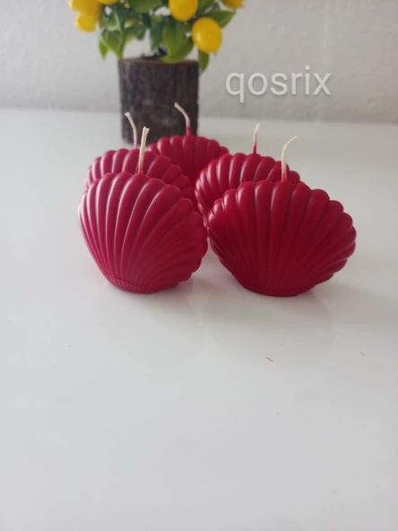 qosrix 5'li Kırmızı Mini Istiridye Deniz Kabuğu 1. Kalite Soya Doğal Vanilya Kokulu Mum Dekoratif
