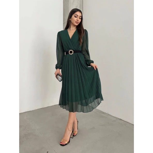 Lucky Life Kadın şifon Kumaş Astalı Kloş Kesim Kruvaze Yaka Midi Boy Elbise - Resim 2