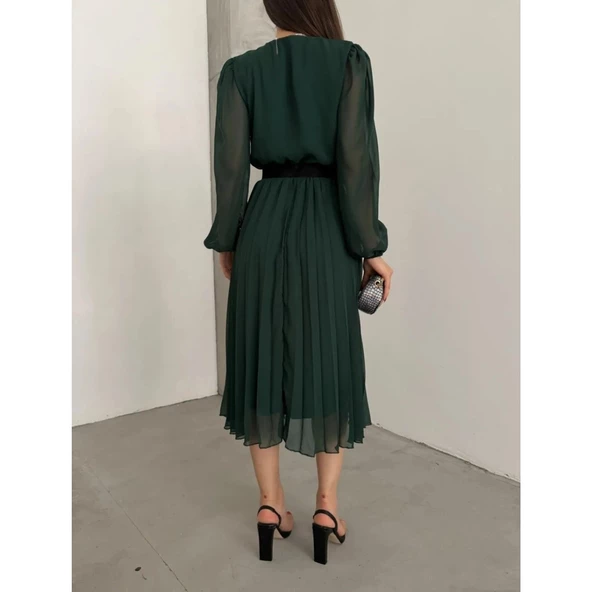 Lucky Life Kadın şifon Kumaş Astalı Kloş Kesim Kruvaze Yaka Midi Boy Elbise - Resim 3