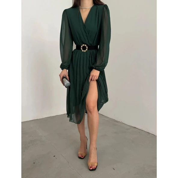 Lucky Life Kadın şifon Kumaş Astalı Kloş Kesim Kruvaze Yaka Midi Boy Elbise - Resim 4