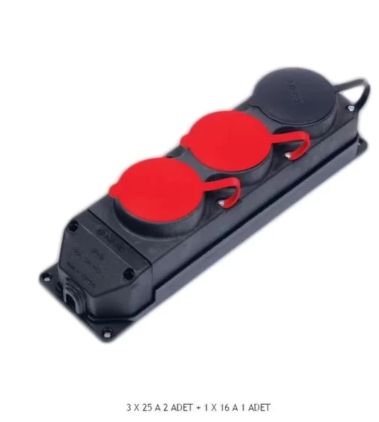 NEAD 2 Trifaze 1 Monofaze Kauçuk Seyyar Üçlü Kapaklı Grup Priz IP44