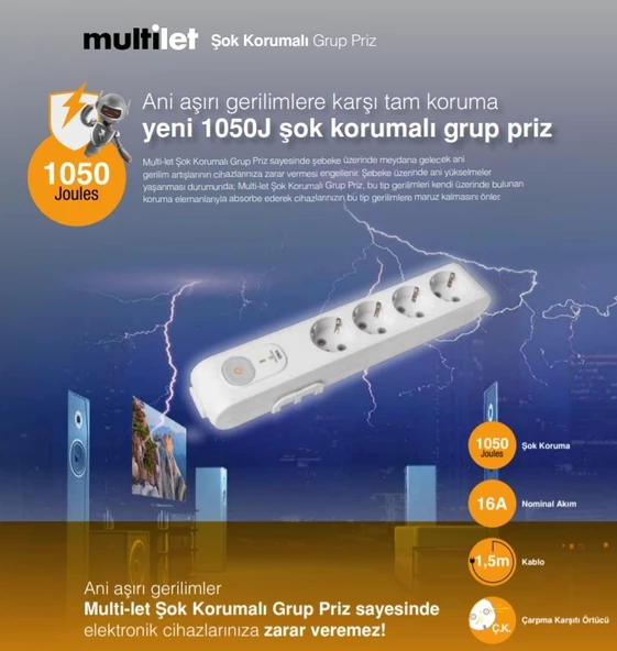 VİKO Anahtarlı Şok Akım Korumalı 6lı - Altılı 1.5mt Kablolu Grup Priz Çocuk Emniyetli - 3