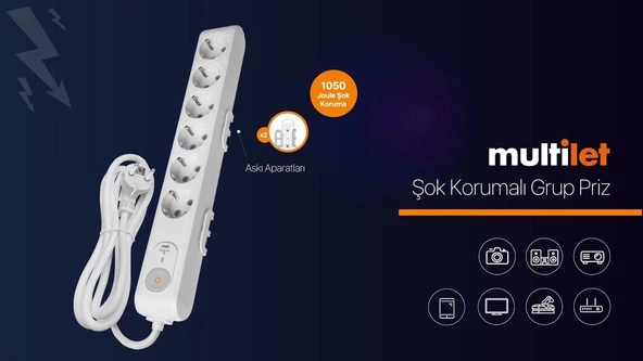 VİKO Anahtarlı Şok Akım Korumalı 6lı - Altılı 1.5mt Kablolu Grup Priz Çocuk Emniyetli - 2